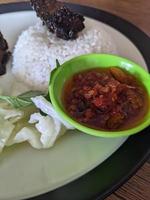 schließen oben Foto von geröstet Hähnchen würzig mit traditionell Soße und Reis auf Restaurant. das Foto ist geeignet zu verwenden zum Essen Hintergrund, Poster und Essen Inhalt.