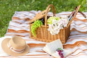 ein Picknick Korb auf das Gras mit Essen und Getränke auf ein Decke. draussen Picknick im ein Feld auf ein sonnig Tag foto