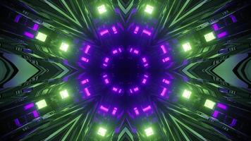 glänzende Neonlichter, die in der Abbildung des geometrischen Tunnels 3d reflektiert werden foto