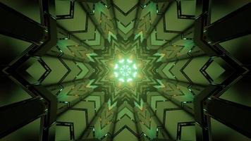 3d Illustration des Schleifenkaleidoskops mit grünem Neonlicht, das in geometrischen Figuren reflektiert foto