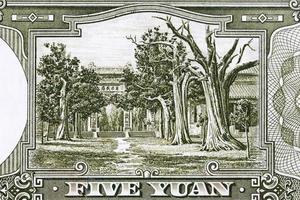 Tor und Tempel hinter Bäume von alt Chinesisch Geld foto
