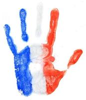 Handabdruck von ein Frankreich Flagge auf ein Weiß foto