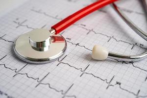 Stethoskop auf Elektrokardiogramm-EKG, Herzwelle, Herzinfarkt, Kardiogramm-Bericht. foto