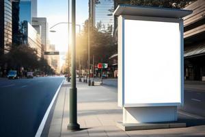Weiß Plakatwand Attrappe, Lehrmodell, Simulation im Stadt Bus stoppen, draussen Plakatwand beim Bus halt foto