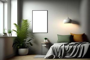 leeren Foto Rahmen oder Mauer Kunst Attrappe, Lehrmodell, Simulation im modern minimalistisch Leben Zimmer, leeren Rahmen Attrappe, Lehrmodell, Simulation montiert auf Mauer