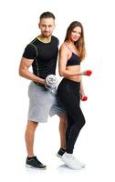 Sport Paar - - Mann und Frau mit Hanteln auf das Weiß foto