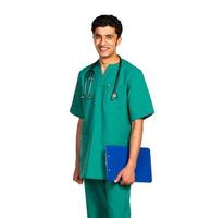 Porträt von Arzt arabisch Staatsangehörigkeit mit Gesundheit Aufzeichnung auf Weiß foto