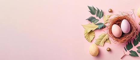 Ostern Poster und Banner Vorlage mit Ostern Eier im das Nest auf Licht Rosa Hintergrund mit ein Kopieren von das Platz zum das Text. foto