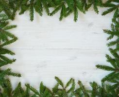 Weihnachten Baum Geäst auf Weiß hölzern Textur bereit zum Ihre Design foto