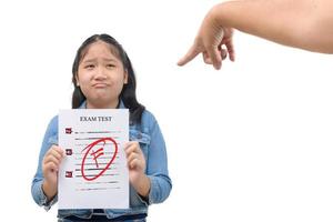 ein jung Schüler macht ein traurig Gesicht nach zeigen seine Noten zu seine Mutter. Emotion foto