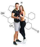 sportlich Mann und Frau nach Fitness Übung mit ein Finger oben auf das Weiß mit das chemisch Formel auf Hintergrund foto