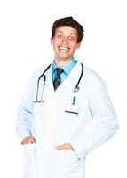 Porträt von das lächelnd Arzt auf ein Weiß foto