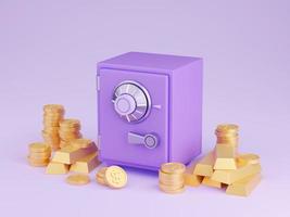 sicher Box mit Geld 3d machen - - Illustration von geschlossen lila Geldschrank umgeben durch Stapel von Gold Münzen und Barren. foto