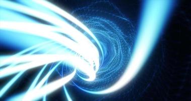 abstrakter blauer futuristischer tunnel aus einem gitter von partikellinien, die hell glänzende neon-digitale magische energie auf einem dunklen hintergrund leuchten. abstrakter Hintergrund foto