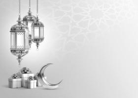 Ramadan karem. islamisch Gruß Vorlage mit Ramadan zum Hintergrund Design. Poster, Medien Banner. Silber Lampe und Halbmond Mond auf grau mit Geschenk Kisten foto