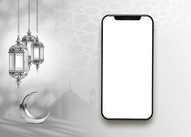 ein Telefon mit ein Weiß Bildschirm und ein Halbmond Mond auf das oben islamisch Ramadan Gruß Hintergrund .Smartphone Attrappe, Lehrmodell, Simulation foto