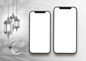 zwei Telefone sind Nächster zu ein Halbmond Mond und ein Halbmond Mond islamisch Ramadan Gruß Hintergrund .Smartphone Attrappe, Lehrmodell, Simulation foto