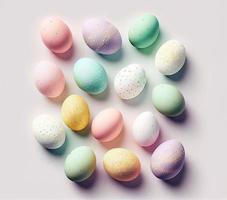 oben Aussicht von bunt Pastell- gemalt Ostern Eier auf Weiß Hintergrund zum Urlaub Konzept, glücklich Ostern, generativ ai foto