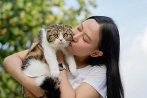 schön jung Mädchen hält ein schottisch Katze mit Orange Augen, draussen, Nahansicht foto