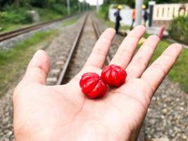 das schon rot Kirsche Obst ist im das Palme von das Hand mit das Hintergrund im das Mitte von das verschwommen Eisenbahn Spuren foto