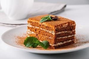 Tiramisu Dessert und Kaffeetasse auf hellem Hintergrund. foto