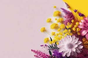 Gemälde zusammengesetzt von ein Strauß von pastellfarben Blumen, auf ein zweifarbig Pastell- Hintergrund, Frühling Konzept, generativ ai foto