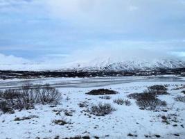 isländisch Landschaft mit Fjord, See und Berge im Winter beim pingvellir National Park foto