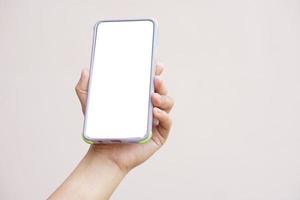 Telefon im Mensch Hand Weiß Bildschirm foto
