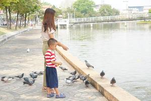 Mutter und Sohn Fütterung Vögel im das Park foto