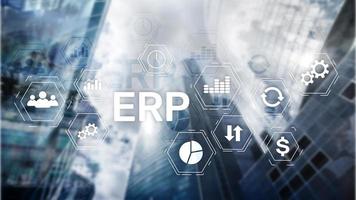 ERP-System, Enterprise Resource Planning auf unscharfem Hintergrund. Geschäftsautomatisierungs- und Innovationskonzept. foto