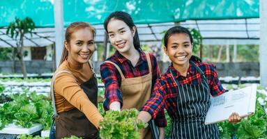 Porträt eines glücklichen jungen asiatischen Mädchenbauern, der frischen Salat aus grüner Eiche, Bio-Hydrokulturgemüse in der Gärtnerei überprüft. Geschäfts- und Bio-Hydrokultur-Gemüsekonzept. foto