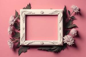 leeren Weiß Rahmen auf Rosa Hintergrund mit Blumen und Blätter auf das Ecke foto