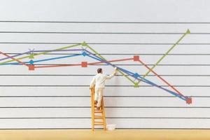 Miniaturarbeiter, der Geschäftsgraphen auf einem weißen Hintergrund malt, Geschäftswachstumskonzept foto