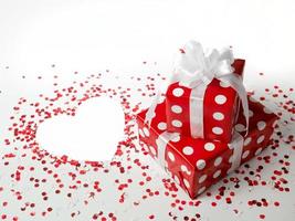 Überraschung Geschenk. rot Polka Punkt Box mit Weiß Bogen auf Hintergrund mit Konfetti. Herz. das Aussicht von das oben foto