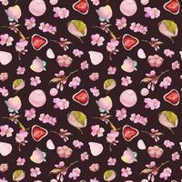 Aquarell nahtlos Muster mit Hand gezeichnet traditionell japanisch Süßigkeiten. wagashi, mochi, Sakura Blüte. isoliert auf Farbe Hintergrund. Einladungen, Restaurant Speisekarte, Gruß Karten, drucken, Textil- foto