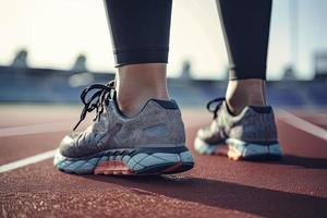 Läufer auf ein Spur mit ein schließen oben von das Schuhe.gesund Übung, gesund foto