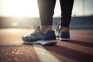 Läufer auf ein Spur mit ein schließen oben von das Schuhe.gesund Übung, gesund foto