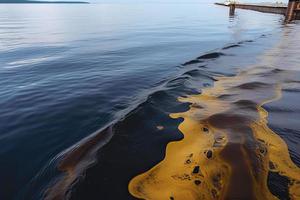 Öl Leck von Schiff , Öl verschütten Verschmutzung verschmutzt Wasser Oberfläche. Wasser Verschmutzung wie ein Ergebnis von Mensch Aktivitäten foto