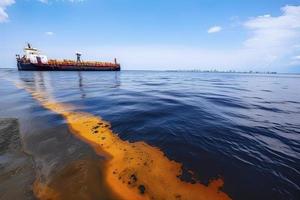 Öl Leck von Schiff , Öl verschütten Verschmutzung verschmutzt Wasser Oberfläche. Wasser Verschmutzung wie ein Ergebnis von Mensch Aktivitäten foto