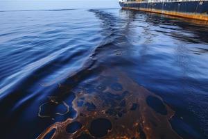 Öl Leck von Schiff , Öl verschütten Verschmutzung verschmutzt Wasser Oberfläche. Wasser Verschmutzung wie ein Ergebnis von Mensch Aktivitäten foto