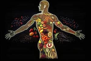 Gliederung von ein Mensch mit Schrauben von Energie Laufen durch das Körper, das Körper ist umgeben durch Obst foto