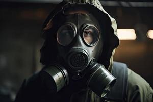 Mann mit ein Gas Maske, nuklear Krieg und Umwelt Katastrophe, Radioaktivität Katastrophe, Militär- Ausrüstung foto