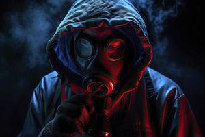 Blau und rot beleuchtet Person mit ein Gas Maske foto