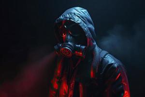 Blau und rot beleuchtet Person mit ein Gas Maske foto