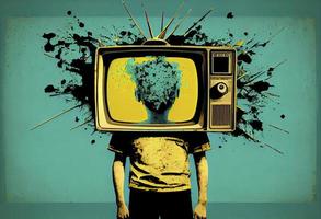 ein Person mit seine Kopf Innerhalb ein Fernsehen im Jahrgang Pop Stil foto