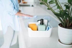 Box mit Dinge zum Reinigung Küche auf Hintergrund von jung Frau beim Zuhause foto