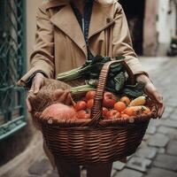 Frau Blätter das Markt mit ein Korb oder ein groß Paket voll von Früchte und Gemüse. generativ ai foto