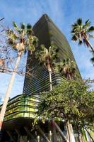 modern Büro Gebäude mit farbig Glas und Palme Bäume foto