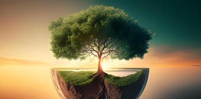 ein Baum im das Sonnenuntergang Zeit zum Welt Erde Tag. generativ ai. foto