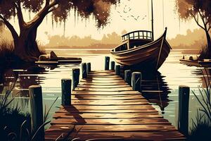 Sonnenuntergang auf das See mit ein Boot Jahrgang Illustration. generativ ai. foto